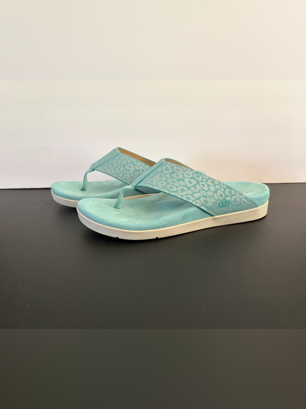 Spenco Newport Size 9 Aqua Cheetah Metallic Print Orthotic Thing Sandals - Picture 3 of 9